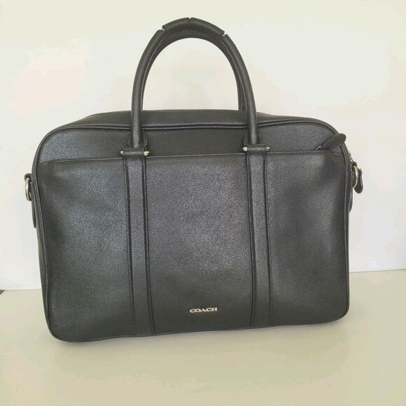 COACH Crossgrain Leather Briefcase Laptop Bag Black Unisex Large Zip 15x11x3 - Picture 1 of 15